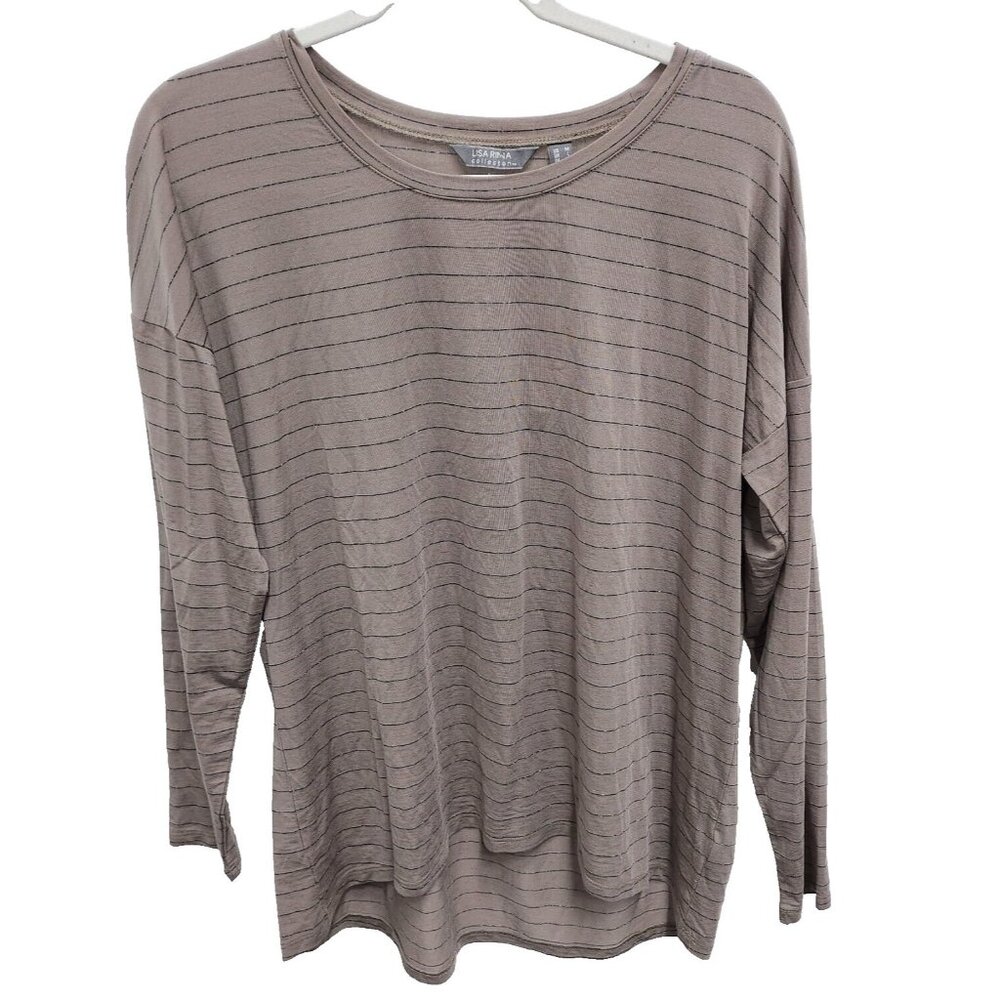 Lisa Rinna Women Top Medium Beige Metallic Striped Long Sleeve Pullover Casual